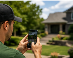 A landscaper photographing a yard on their phone to start a quote